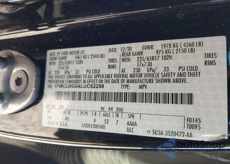 2020 Ford Escape Se из США, поврежденный, VIN 1FMCU0G64LUC62298